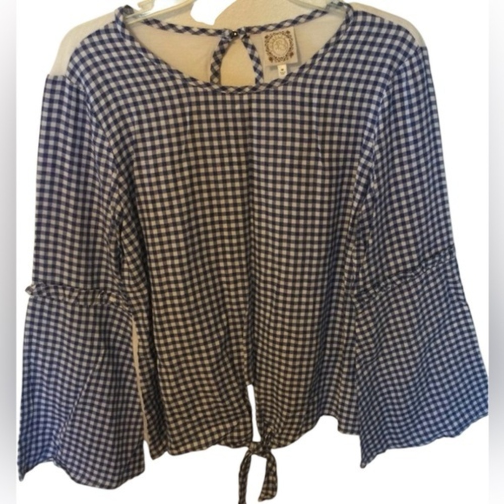 TruSelf Blue & White Gingham Tie Front Chic Womens Top Size Medium